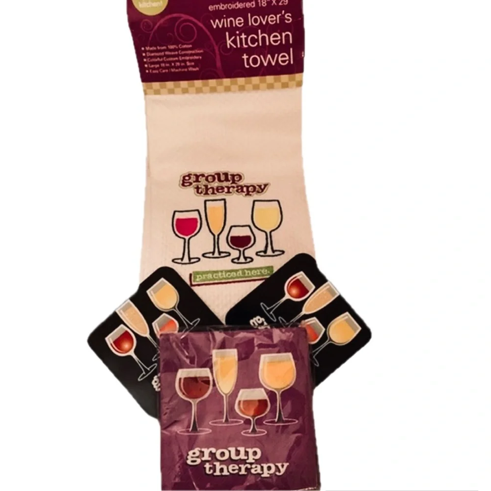 Group Therapy Wine Kitchen Set - Towel, Coasters & Napkins great hostess gift